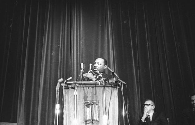 Martin Luther King Jr. speaks at Manchester in 1968.